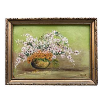 Oil on cardboard Still life by G. Toullourt XXth Bouquet of flowers