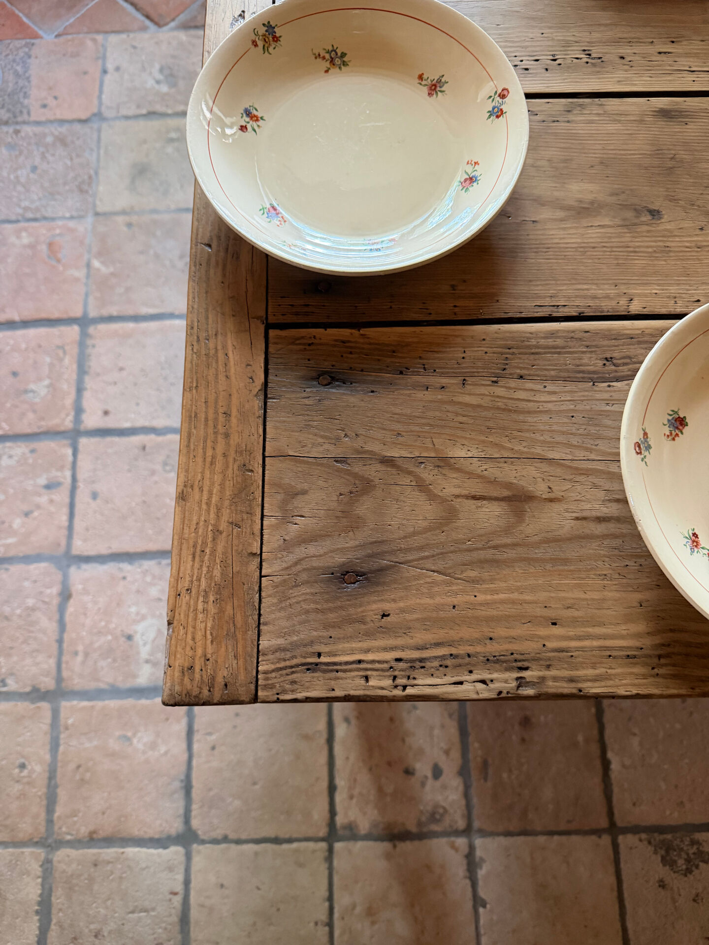 Renovated raw wood farmhouse table