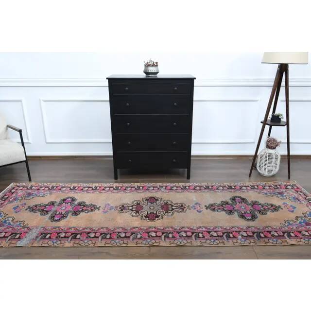 1970s Vintage Turkish Oushak Handmade Wool Cotton Orange Runner Rug 107x319