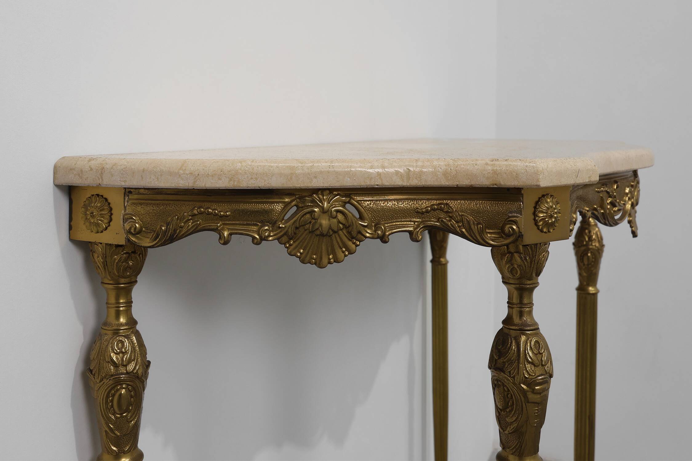 Copper Base and Travertine Top Louis XVI-Style Console Table, Italy