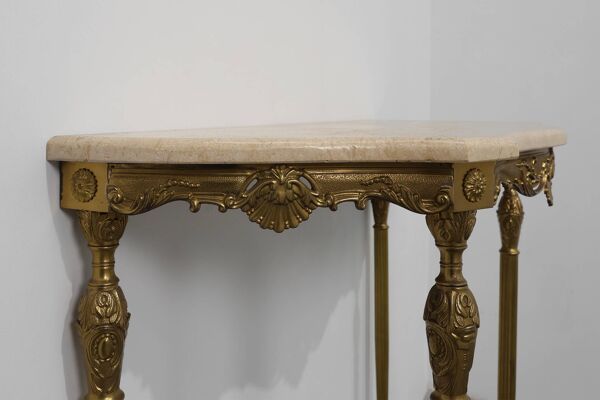 Console de style Louis XVI avec piètement en cuivre et plateau en travertin, Italie