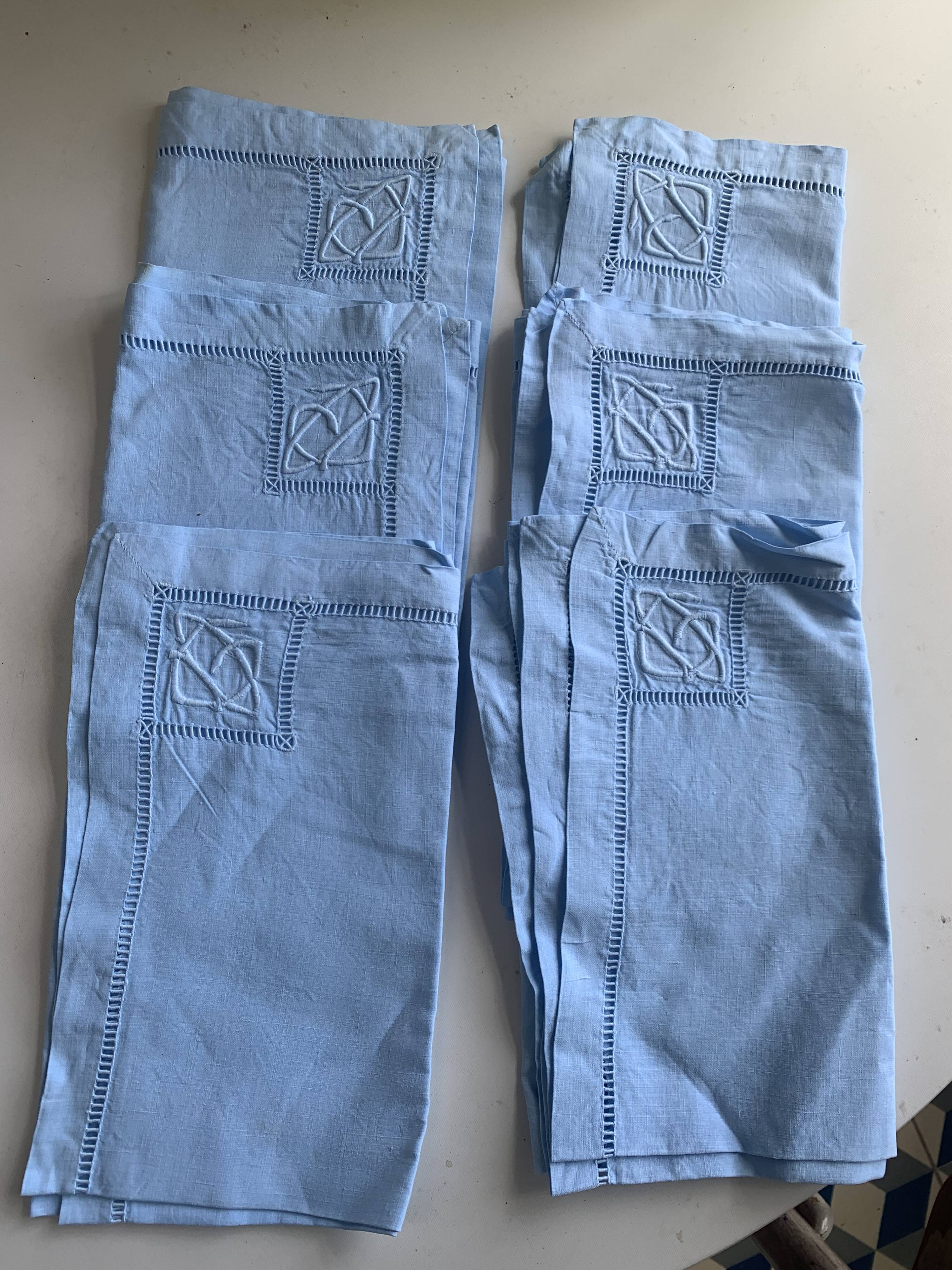 6 cotton and linen napkins, pastel blue, embroidered, OG monograms,