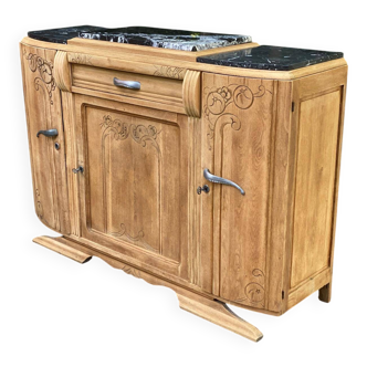 Buffet parisien art déco vintage rénové en bois massif et marbre gris 150cm