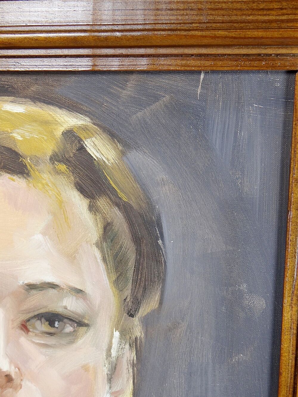 Portrait "La Femme en vert" vintage huile sur carton entoilé encadrement bois