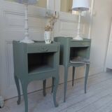 Mismatched vintage bedside tables, 1 drawer, 1 niche sublimated in smoky green.