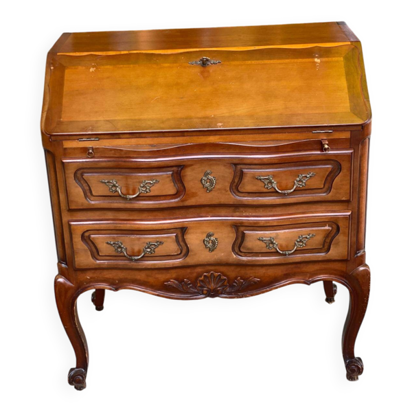 Secrétaire scriban dos d'âne en bois massif et cuir vert Louis XV 1950