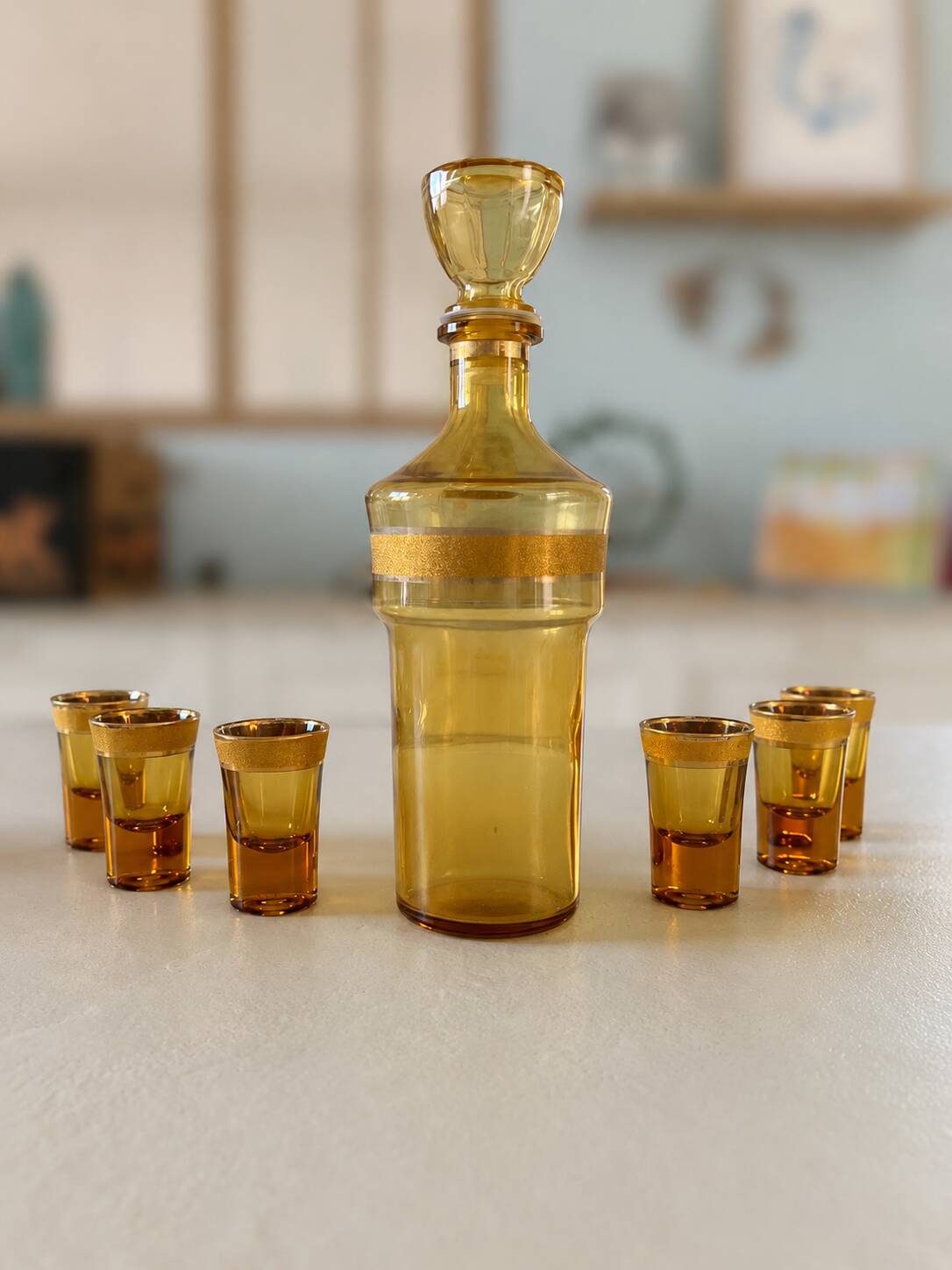 Italian liqueur service in amber and gold glass