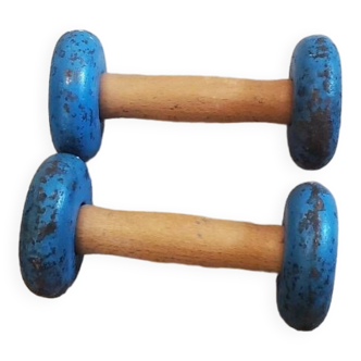 Pair of wooden and cast iron dumbbells from the 50s and 60s