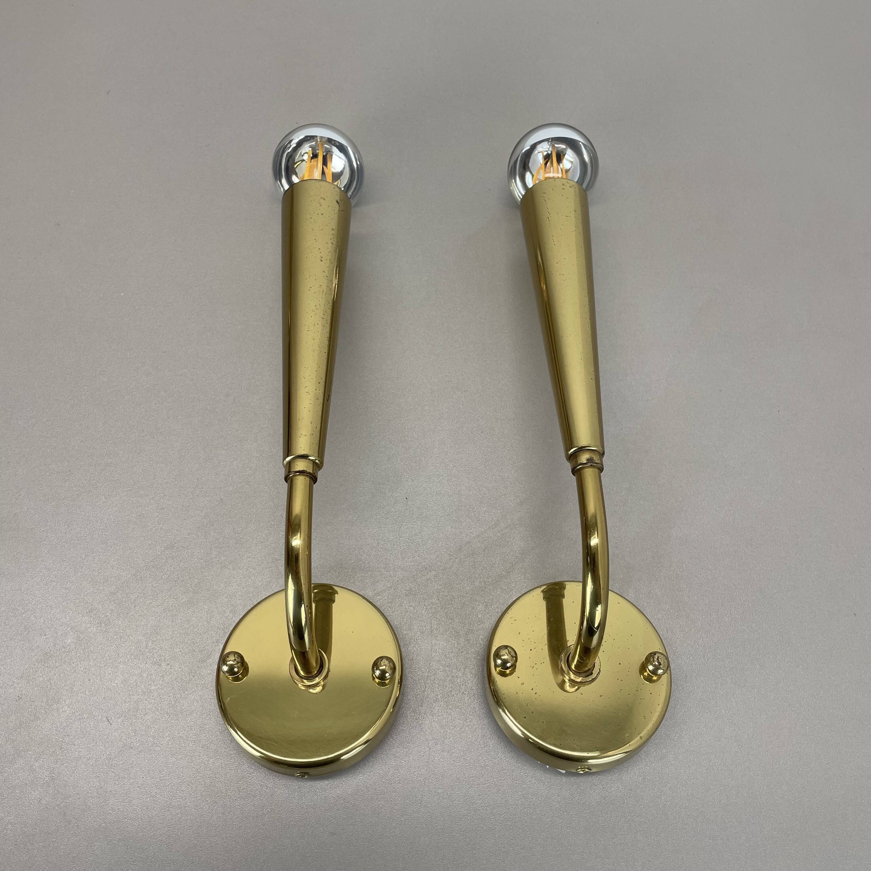 set of 2 Brass "TORCH" Stilnovo Style Theatre Wall Light Sconces, Italy, 1970s