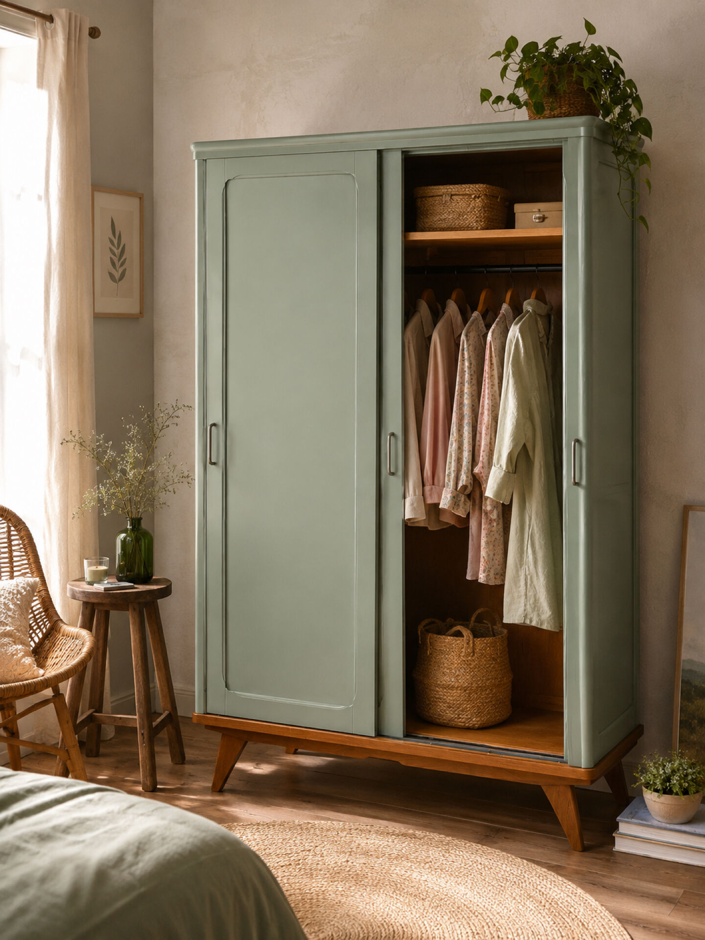 Armoire parisienne penderie 1960 vert grisé rénovée 