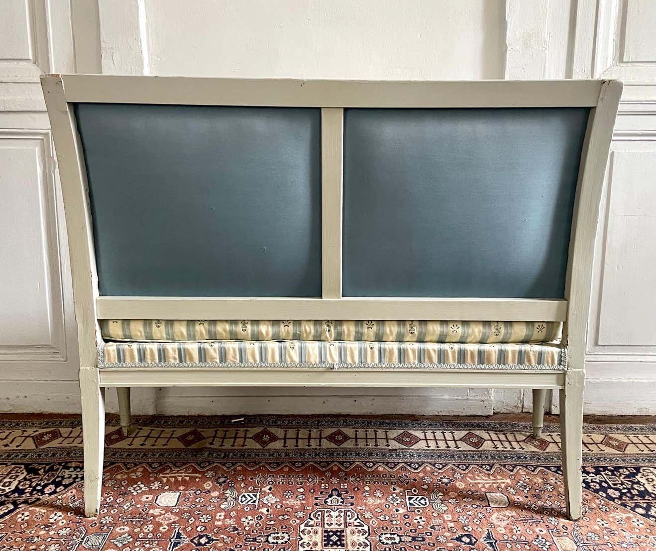 Directoire French silk sofa bench with blue, grey and white 18th century patterns