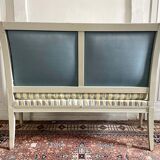 Directoire French silk sofa bench with blue, grey and white 18th century patterns