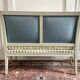 Directoire French silk sofa bench with blue, grey and white 18th century patterns