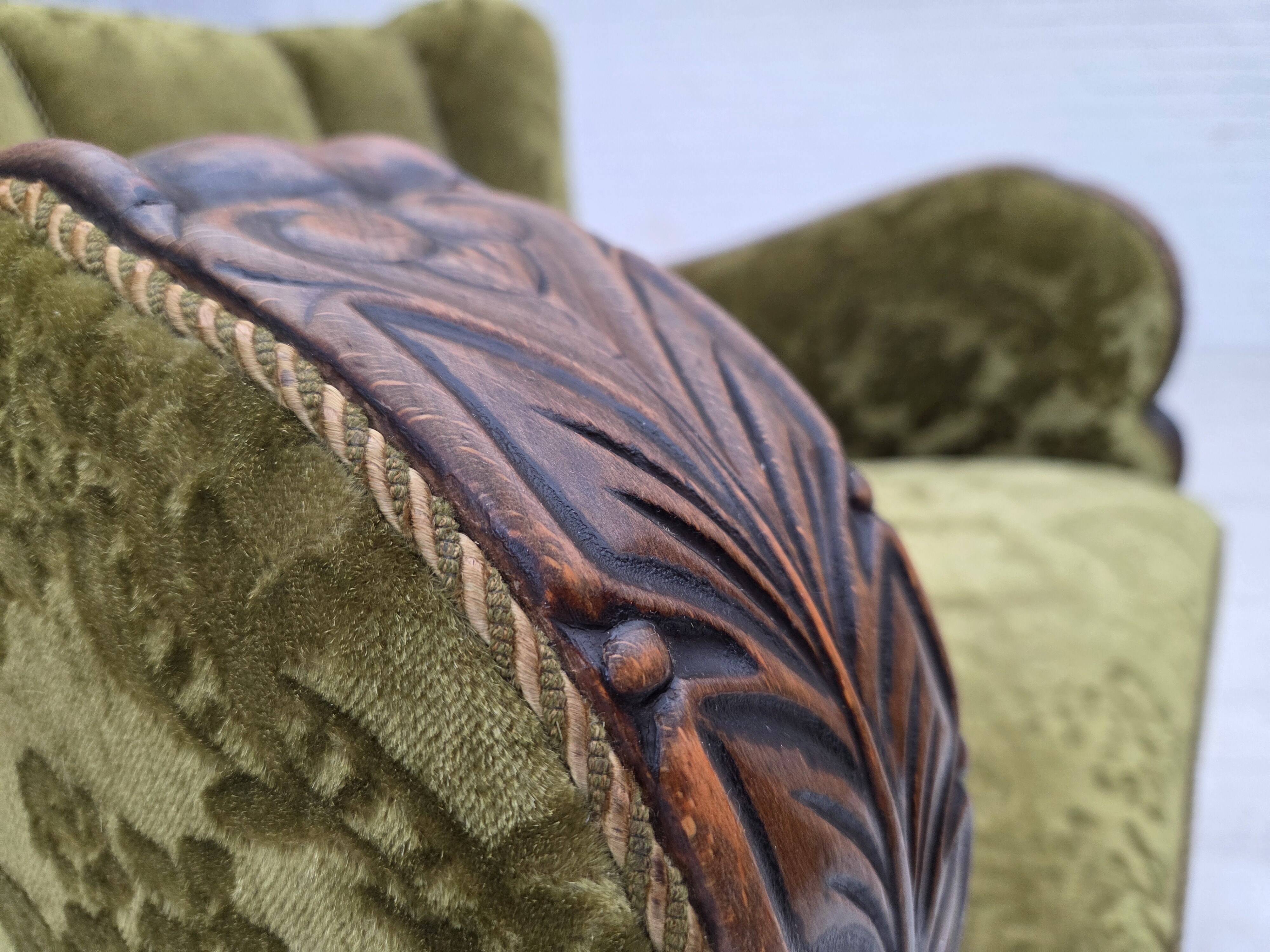 1950s, Danish relax chair. Furniture velour, oak wood,