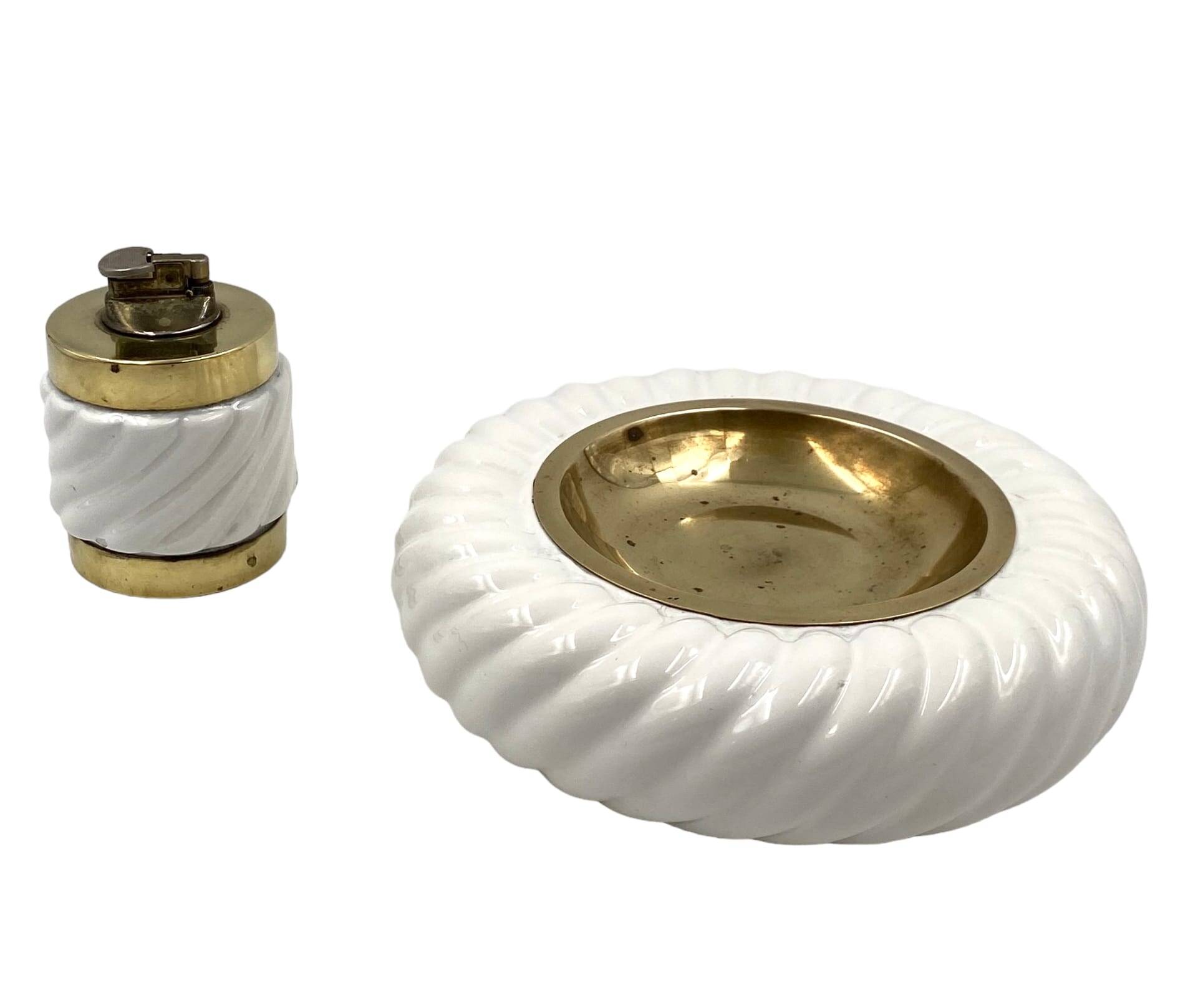 Tommaso Barbi, Smoking set white ashtray and table lighter, B Ceramiche, ca. 1970