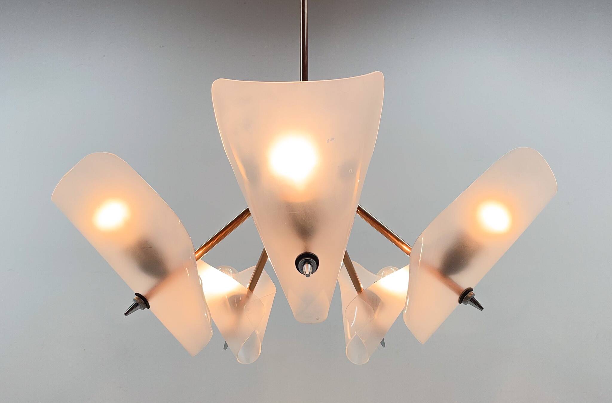 Mid-century chrome, copper & plastic chandelier by drukov, 1970s / 2 pieces avl