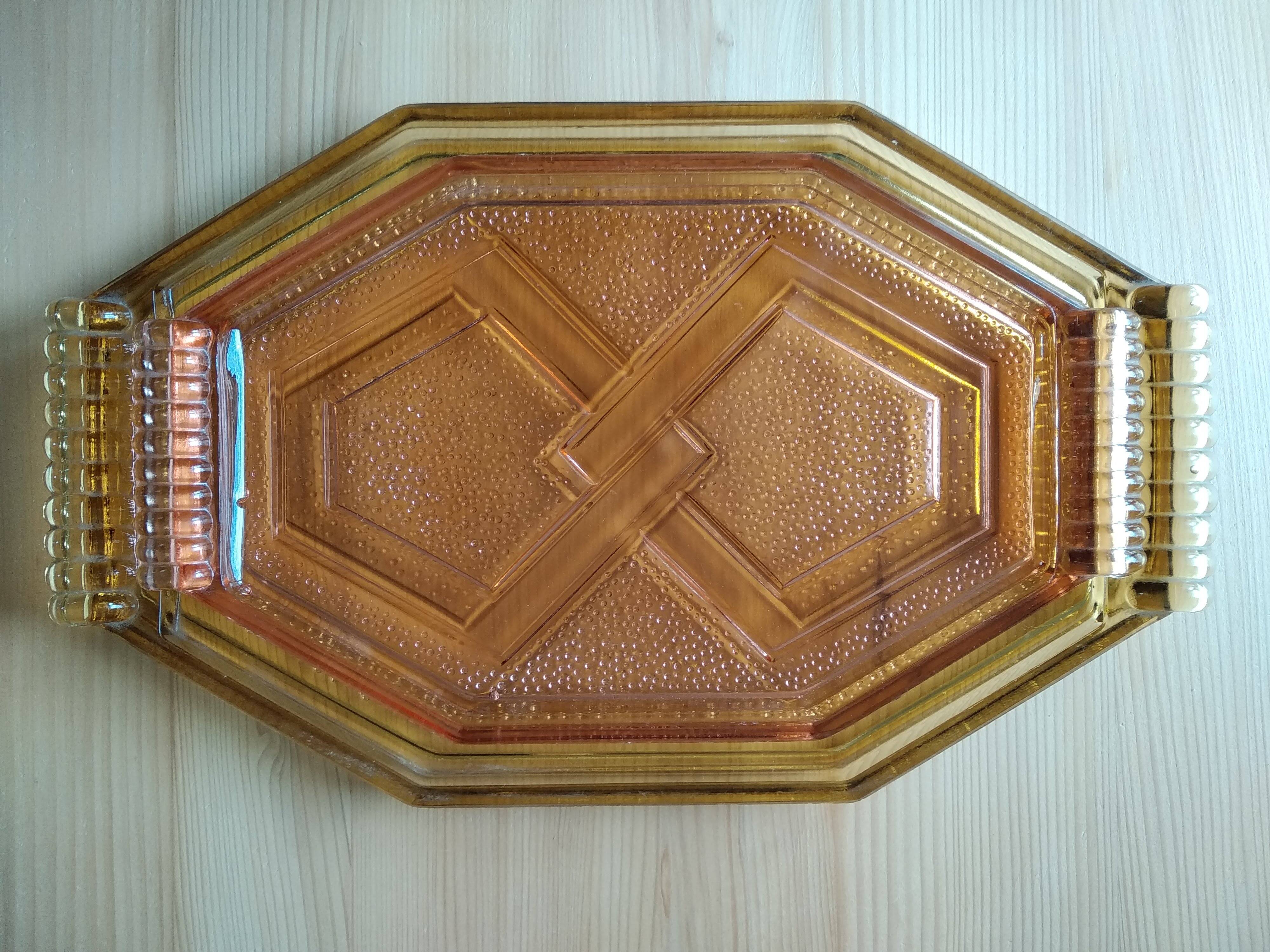 Art Deco pink pressed glass octagonal tray