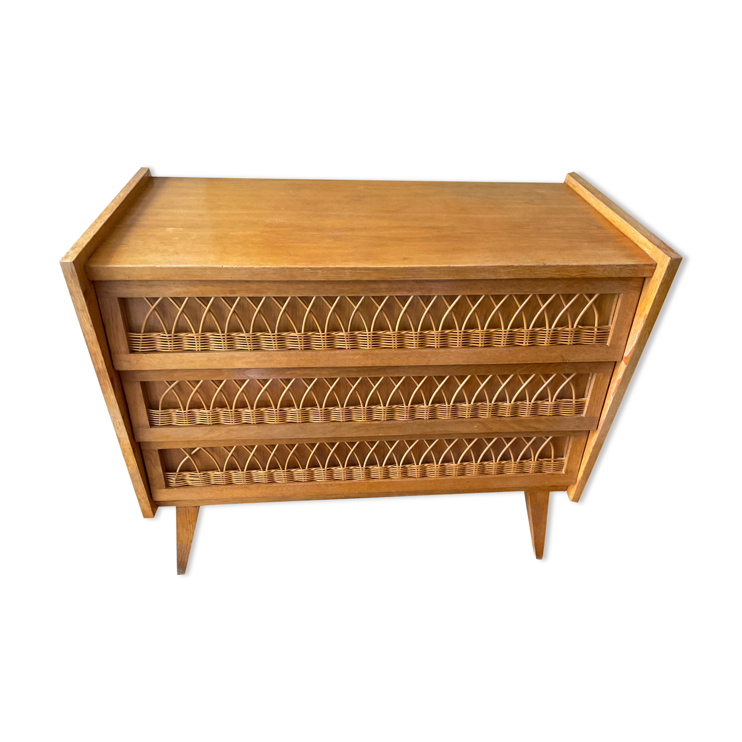 Vintage chest of drawers wood and rattan 1950