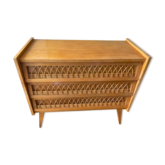 Vintage chest of drawers wood and rattan 1950