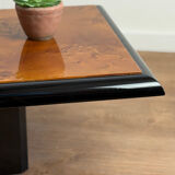 Vintage coffee table – wood burl and black lacquer, in the style of Ma.
