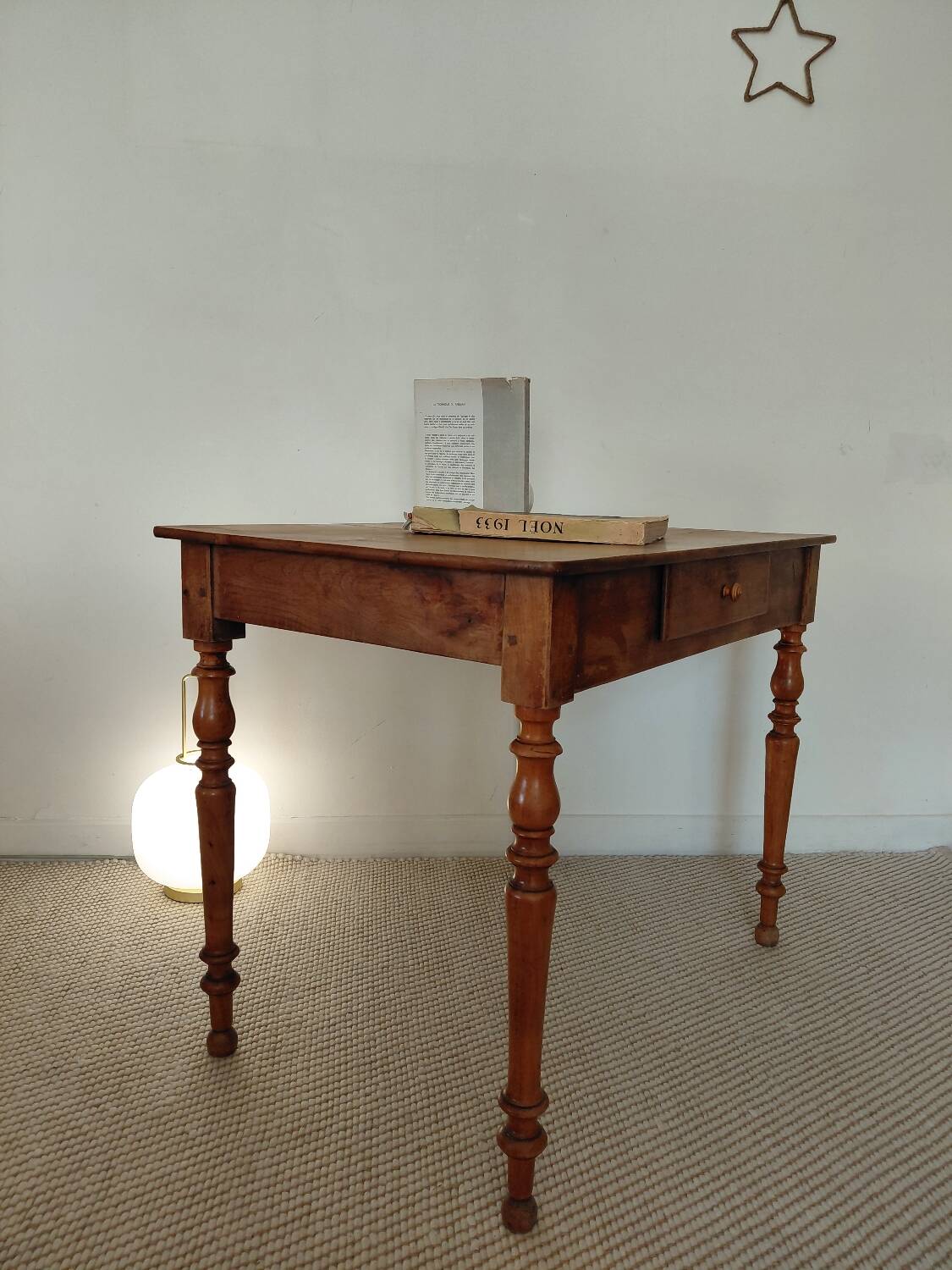 Old solid wood console - turned legs - drawer in chic country style