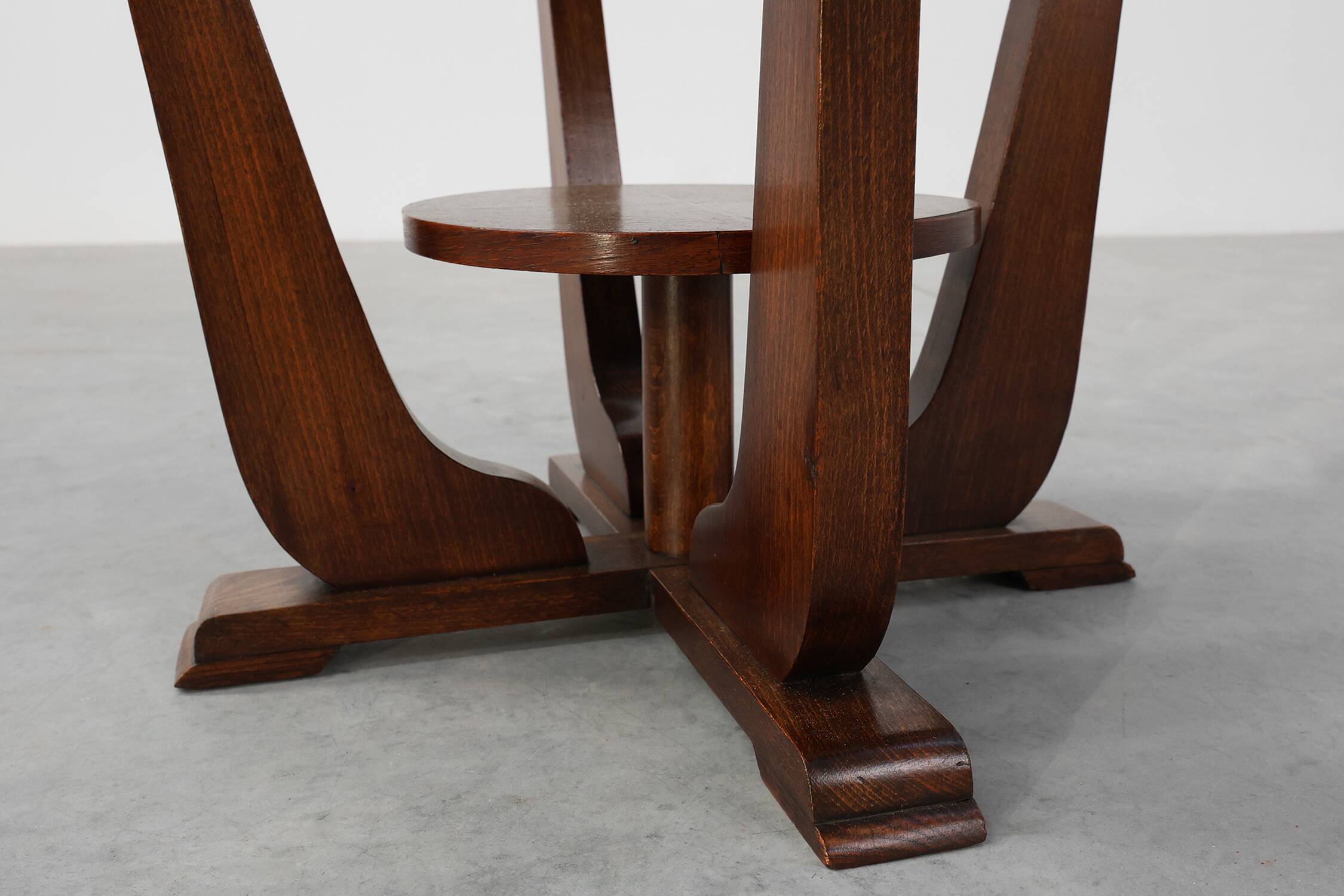 Art Deco Oak Side Table with Sculptural Base and Geometric Top, Belgium ca.