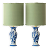 Pair of Chinese table lamps in Delft blue ceramic with new green silk shades.