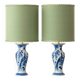 Pair of Chinese table lamps in Delft blue ceramic with new green silk shades.