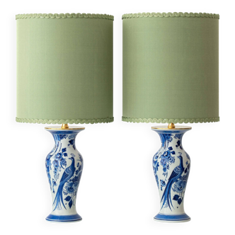 Pair of Chinese table lamps in Delft blue ceramic with new green silk shades.