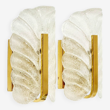 Pair of Scandinavian Glass & Brass Leaf Wall Lamps/Sconces by Carl Fagerlund, 1960s