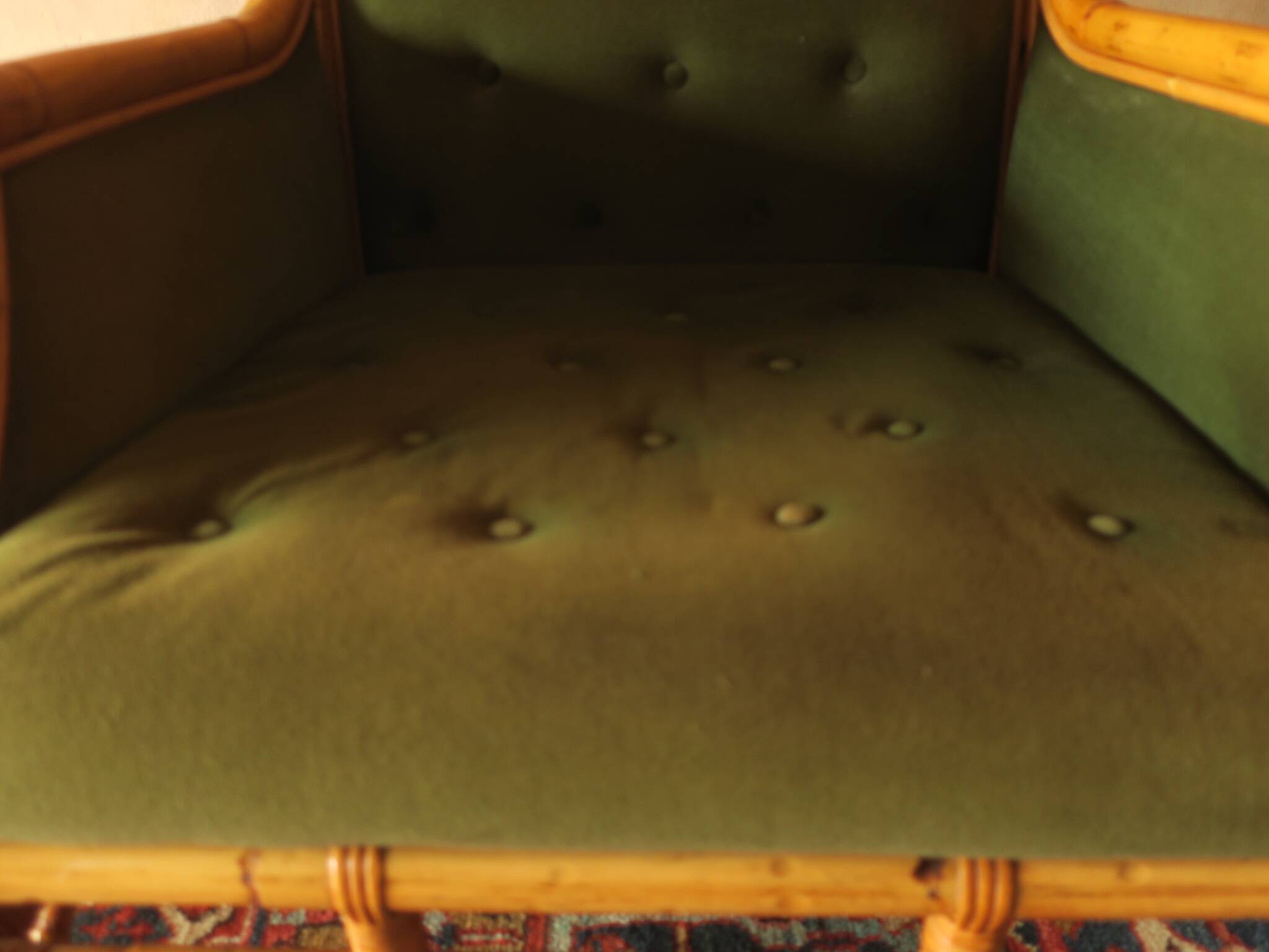 Mid century wing lounge chair in bamboo and olive green, 1960s