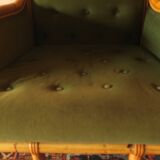 Mid century wing lounge chair in bamboo and olive green, 1960s