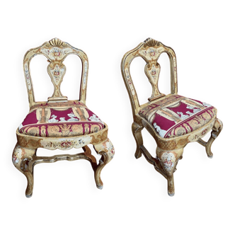 Venetian Lacquered Rococo-Style Armchairs with Hand-Painted Floral Décor and Theater-Inspired Upholstery, Set of 2
