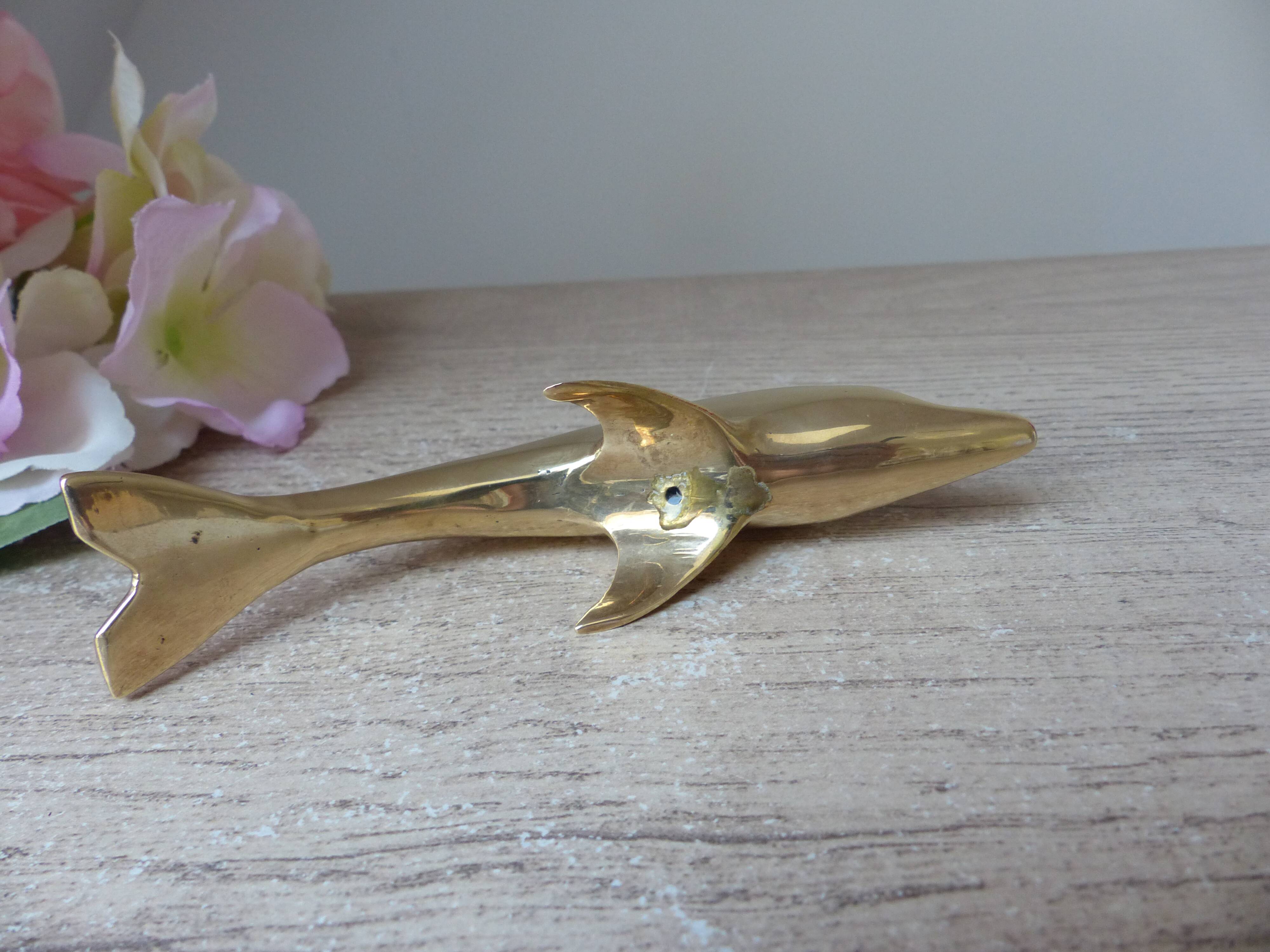 Golden Brass Dolphin Figurine, Dolphin Paperweight Desk Decoration