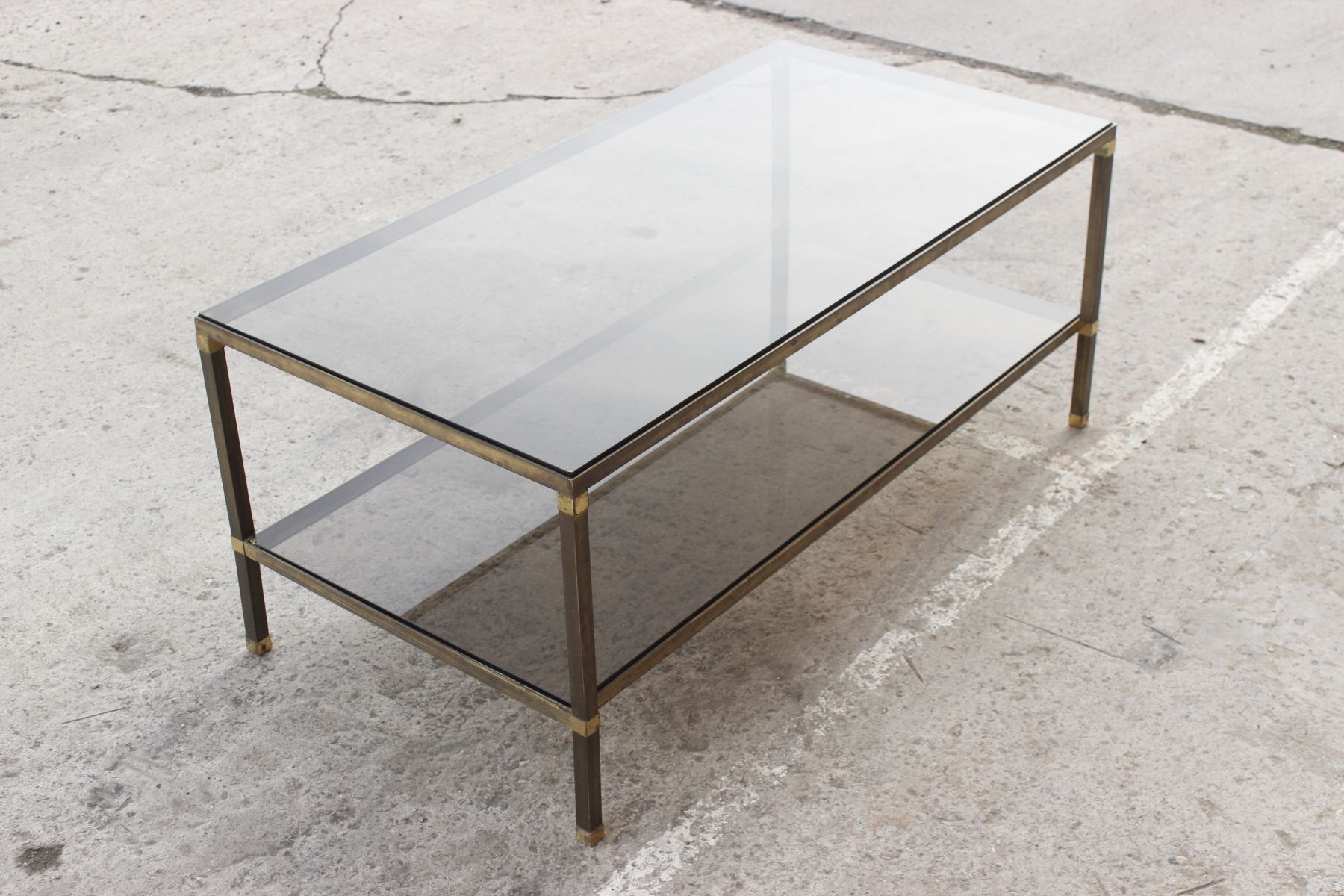 Table coffee in brass, bronze and smoked glass, France, 1950