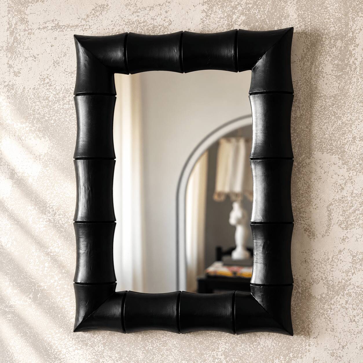 Rectangular mirror in patinated black wood resembling bamboo – 68 × 100 cm