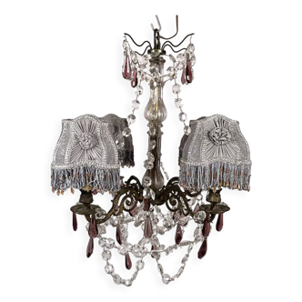 Chandelier with transparent and purple tassels, baroque clampin lampshade