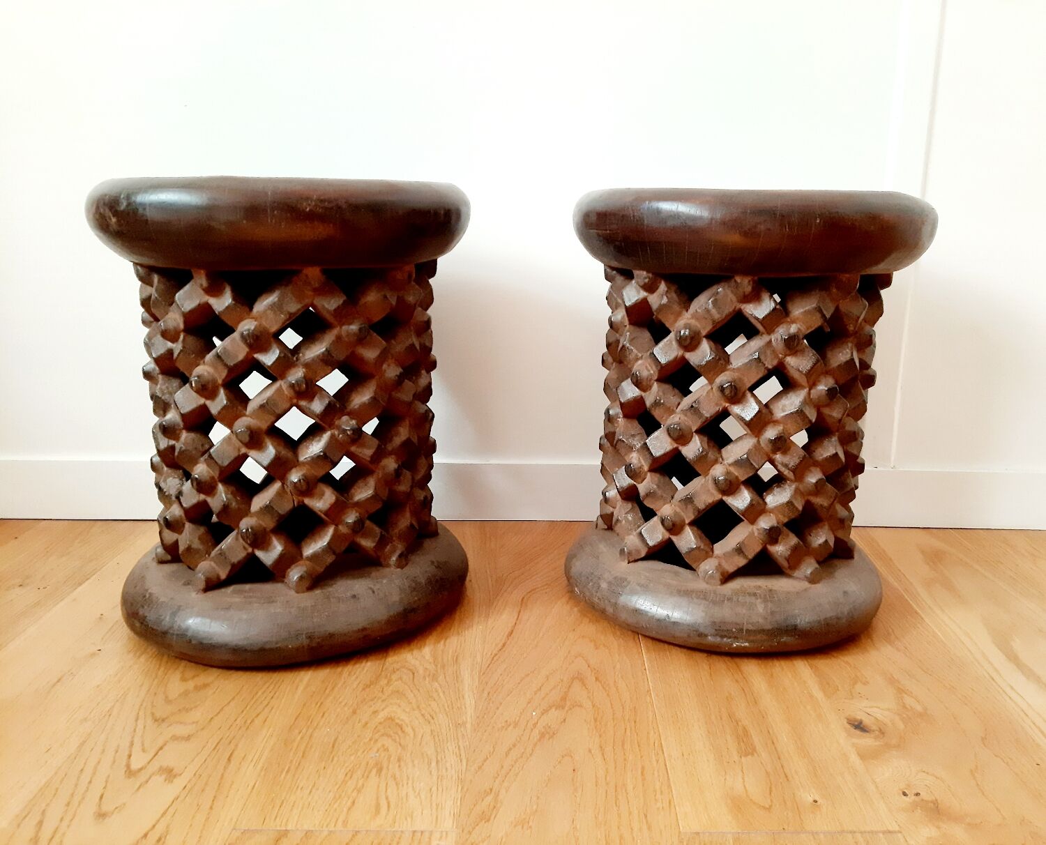Set of 2 African Bamilike Cameroon stools, year 1950