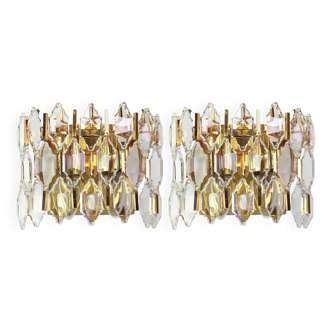 Pair of wall sconces in gilded brass and crystal by Palwa, Germany, 1970s.