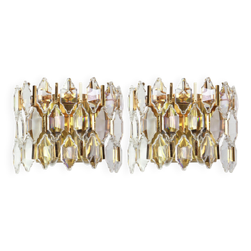 Pair of wall sconces in gilded brass and crystal by Palwa, Germany, 1970s.