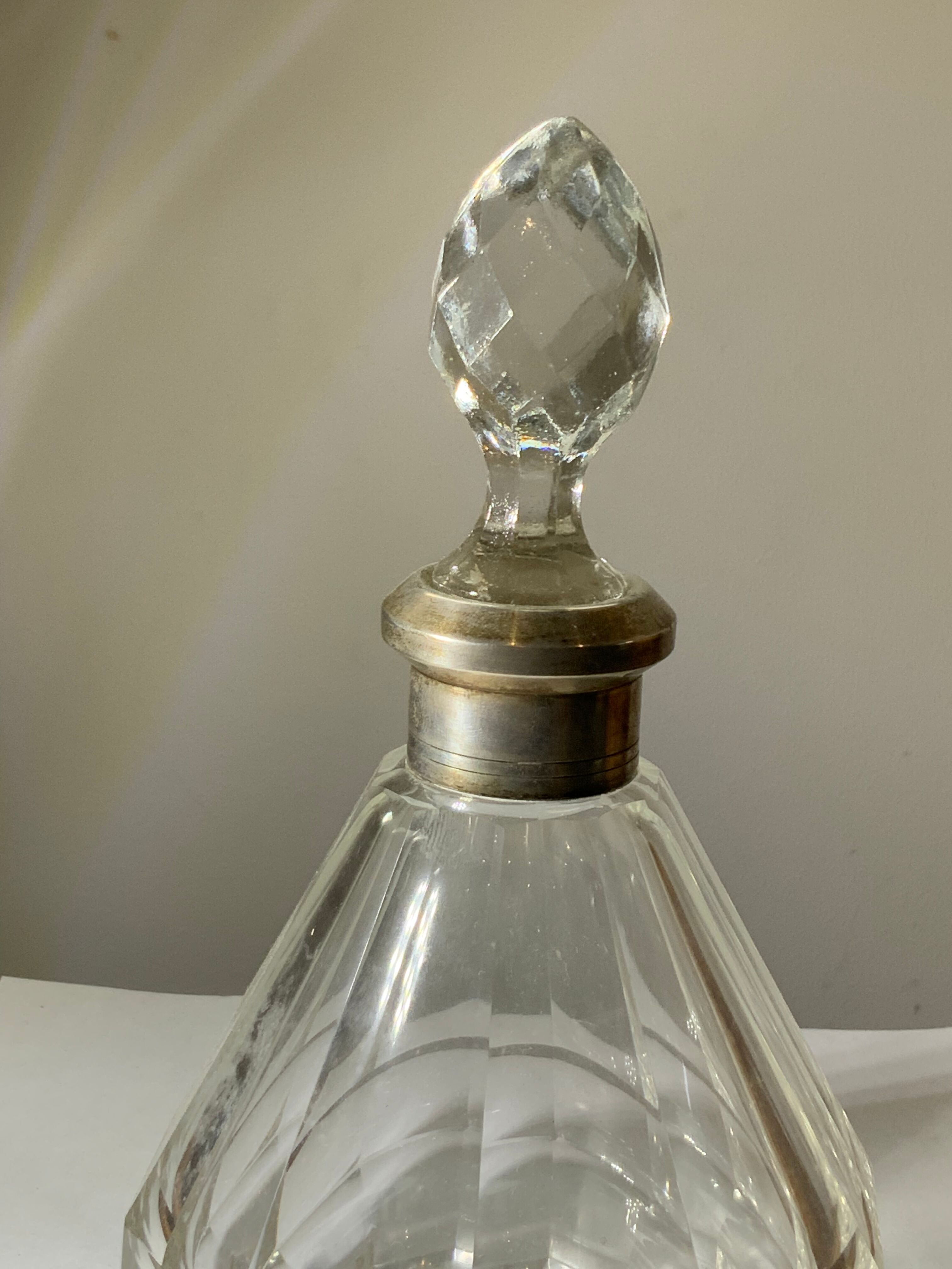 Antique crystal bottle with art deco hallmarked silver neck with facets