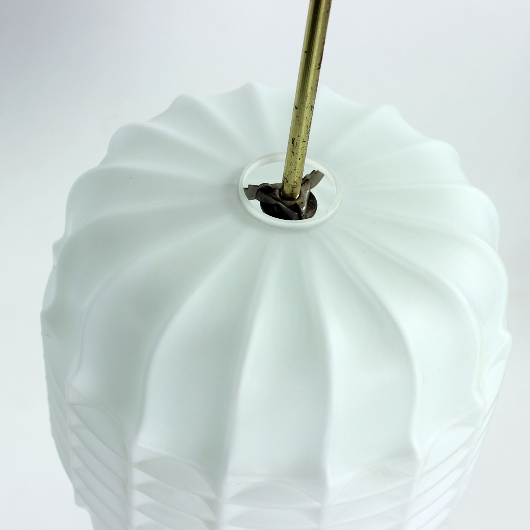 Midcentury Ceiling Pendant In White Glass And Brass, Czechoslovakia 1960s