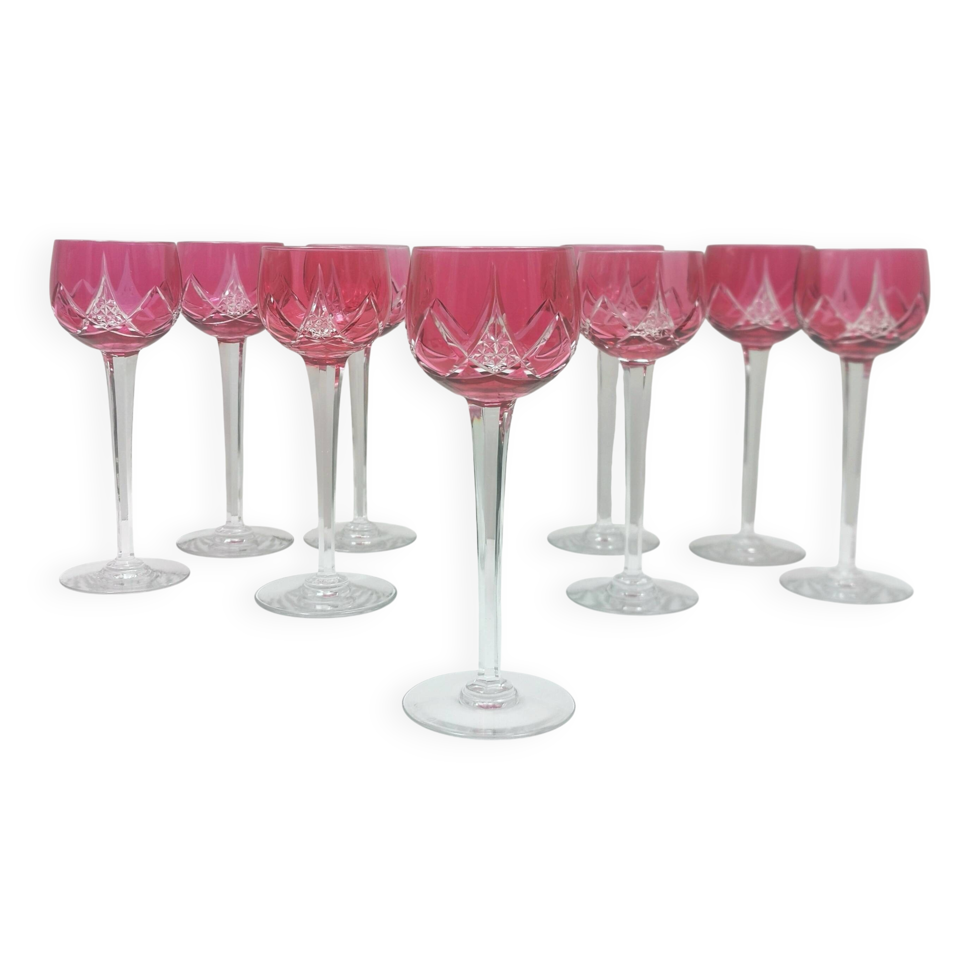 10 cut crystal wine glasses from Roemer, Cristallerie Nancy, double-stamped.