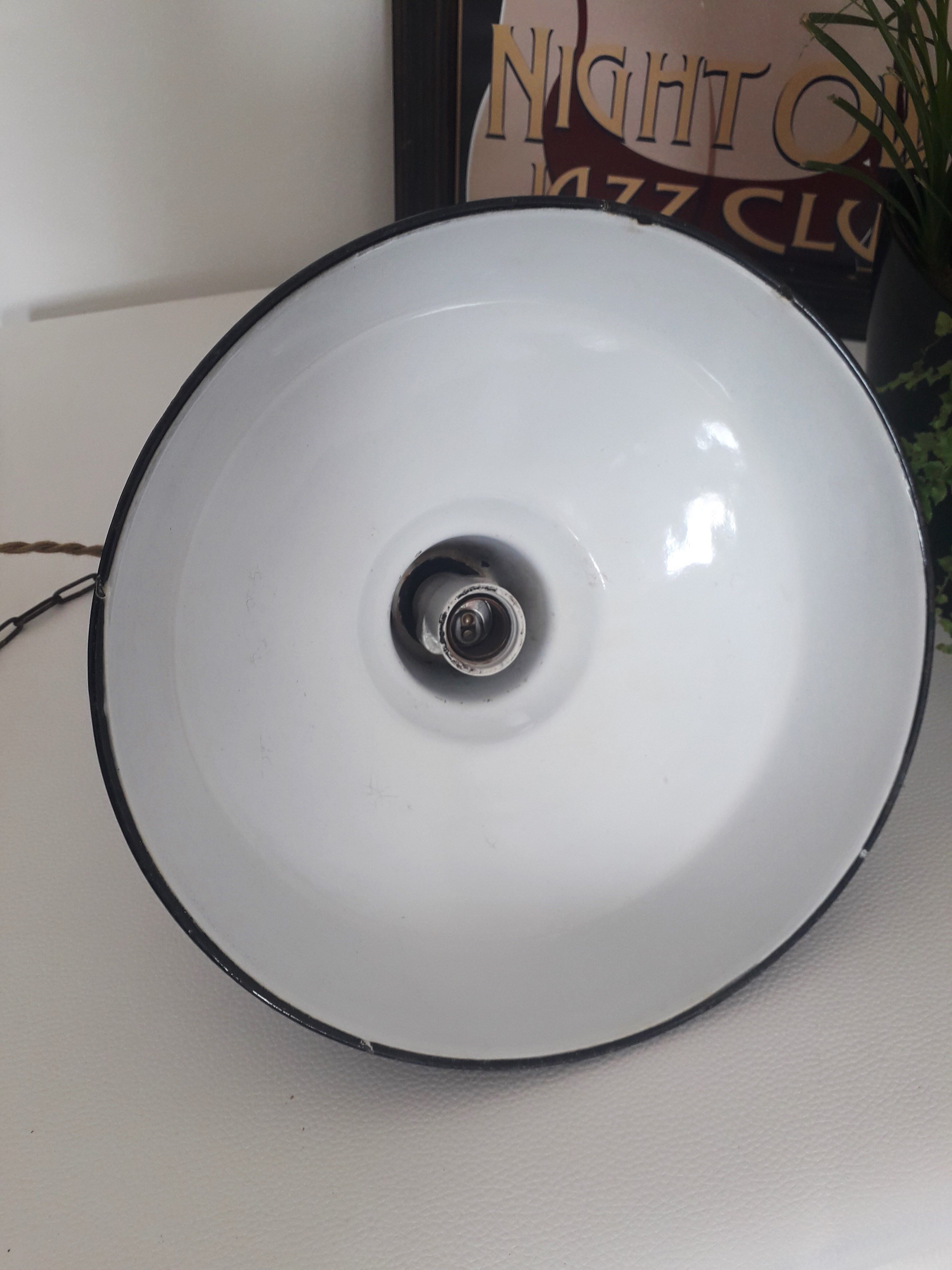 Industrial suspension - enamelled sheet black and white - ø 30 cm -1940-50