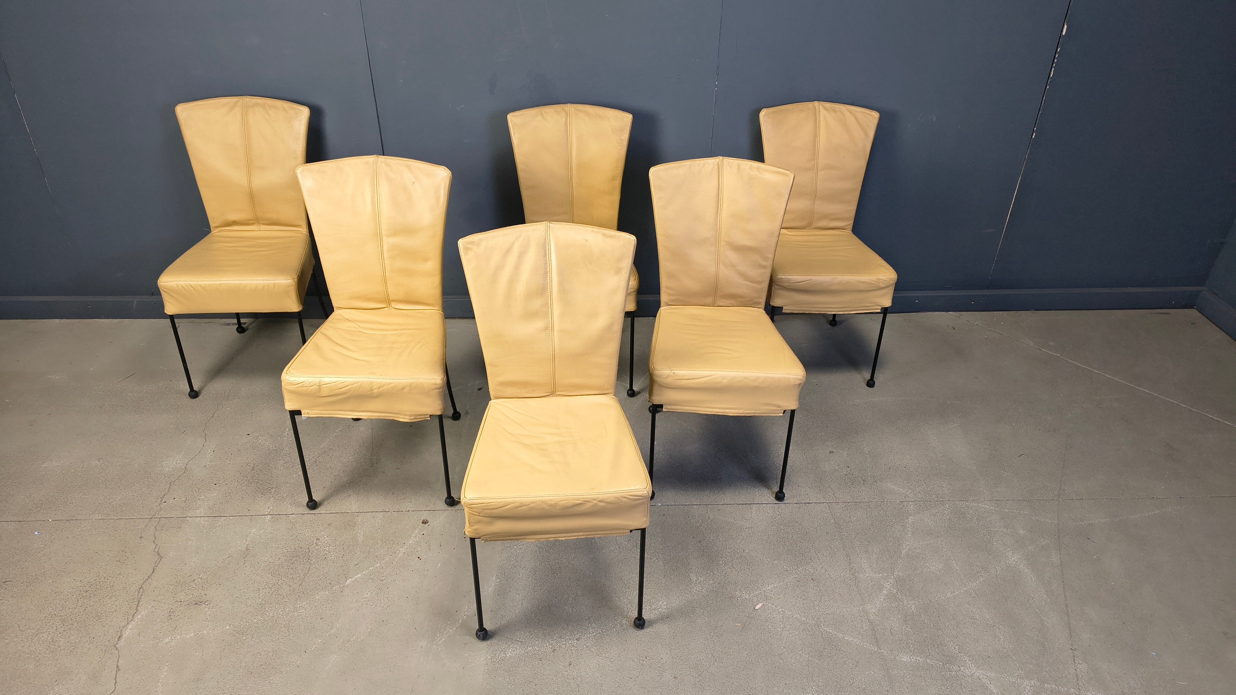 Vintage leather dining chairs, set of 6, 1980s