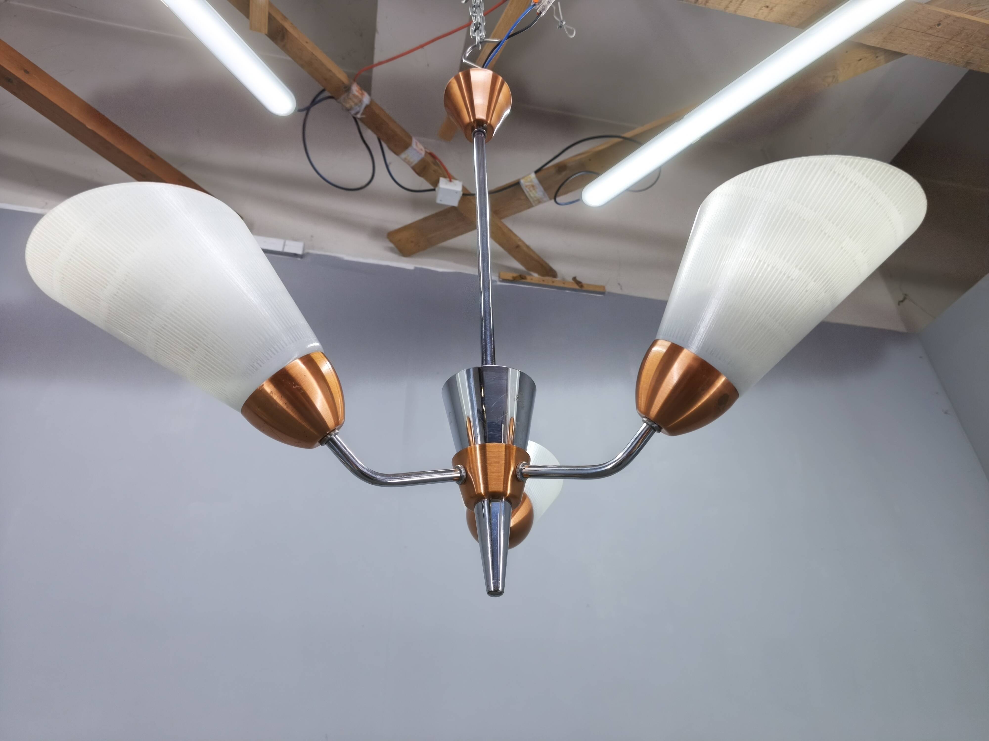 Mid-Century Pendant Light, Copper and Chrome, Czechoslovakia, 1970s