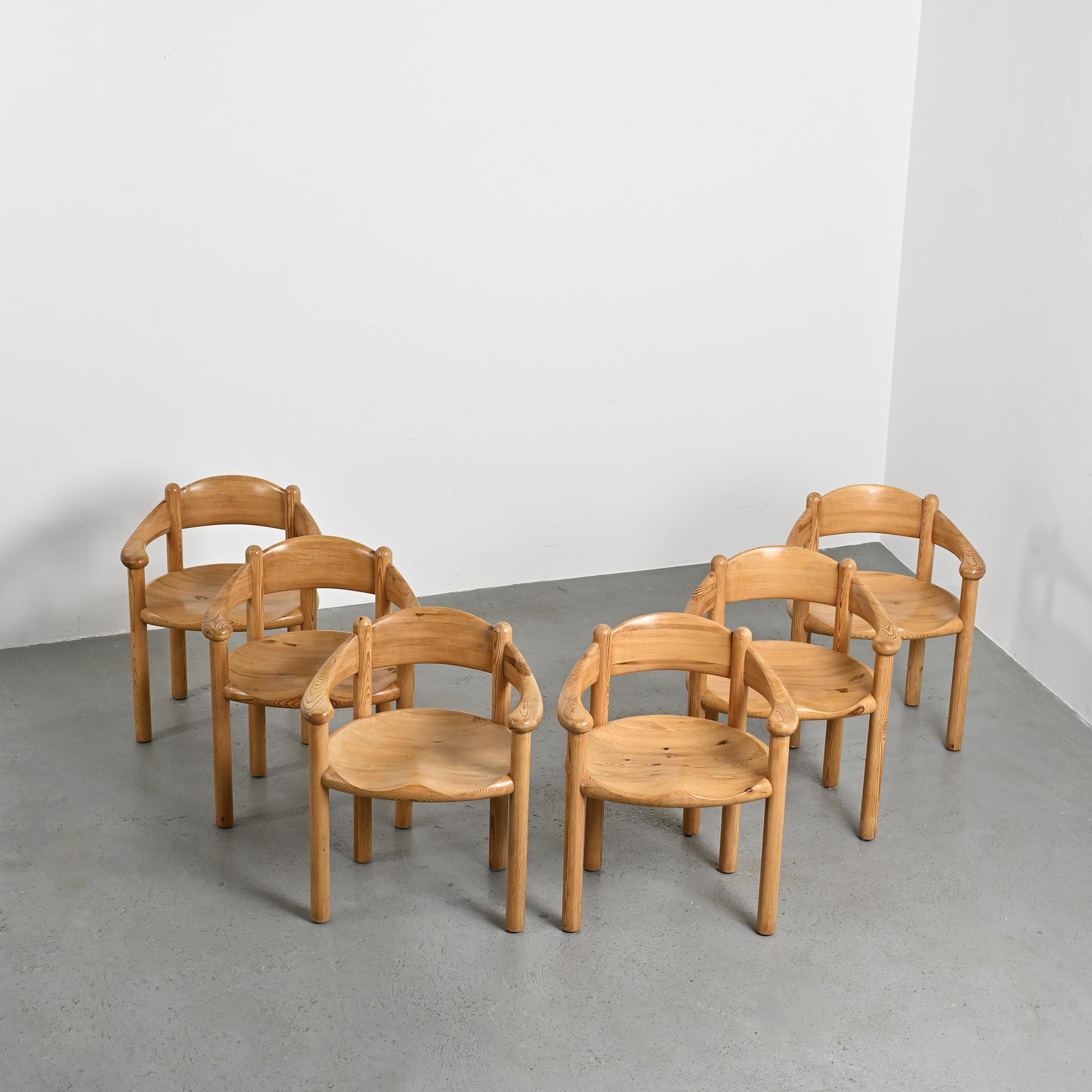 Set of 6 solid pine chairs by Rainer Daumiller, Denmark, circa 1970.