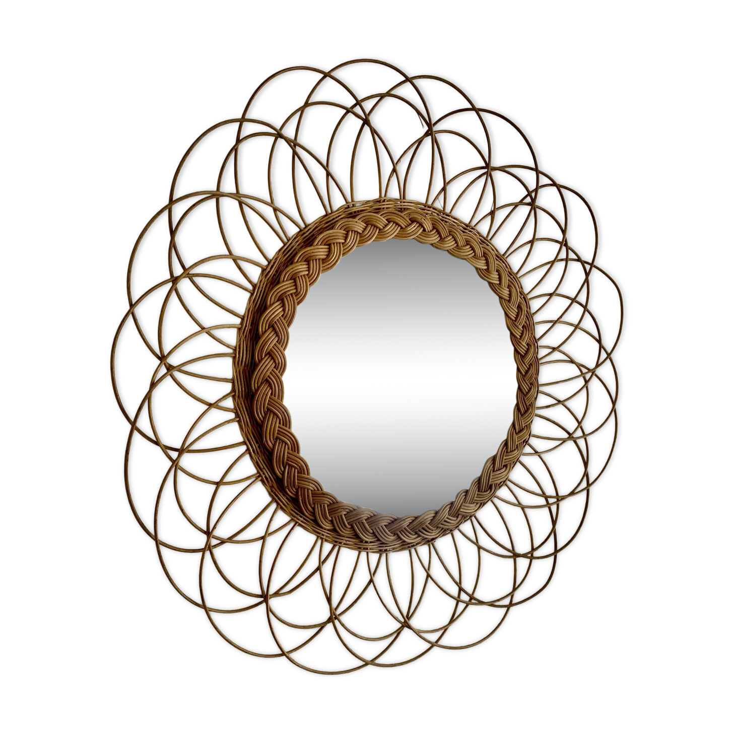 Vintage 1960s sunburst flower rattan wicker French Riviera mirror - 49 cm