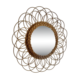 Vintage 1960s sunburst flower rattan wicker French Riviera mirror - 49 cm