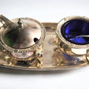 Caviar or cobalt blue condiment set from the first half of the 20th century.